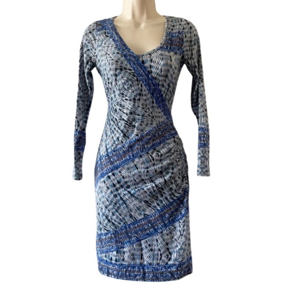 Plenty by Tracy Reese/Anthropologie Long Sleeve Blue Print Faux Wrap Knee-Length
